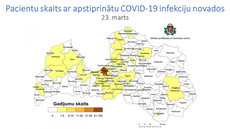 Tukuma novadu skāris pirmais Covid 19 gadījums; Kandavas, Engures un Jaunpils novados joprojām saslimušo nav 