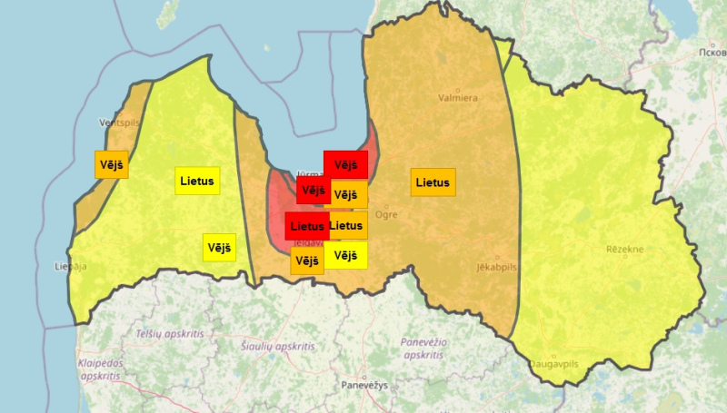 Izplatīts sarkanais brīdinājums par valsts vidienē gaidāmo vētru un lietavām Izplatīts sarkanais brīdinājums par valsts vidienē gaidāmo vētru un lietavām
